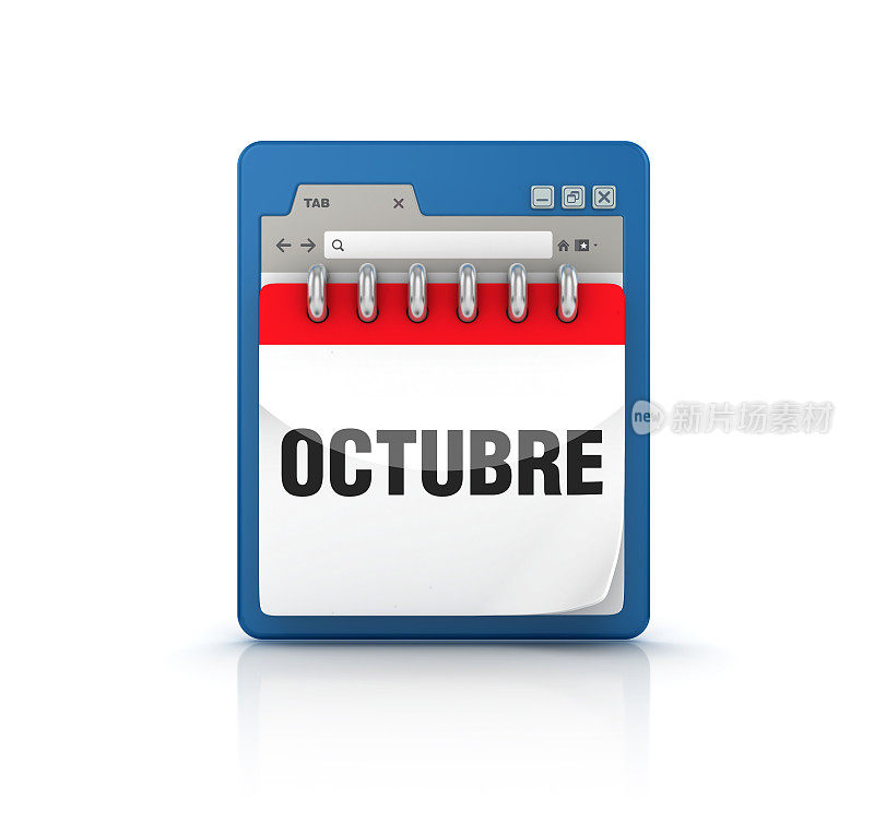 带有十月日历的Web浏览器-西班牙语单词- 3D渲染